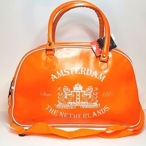 Orange Faux Leather Zippered Amsterdam Statement Tote Luggage Overnight Bag